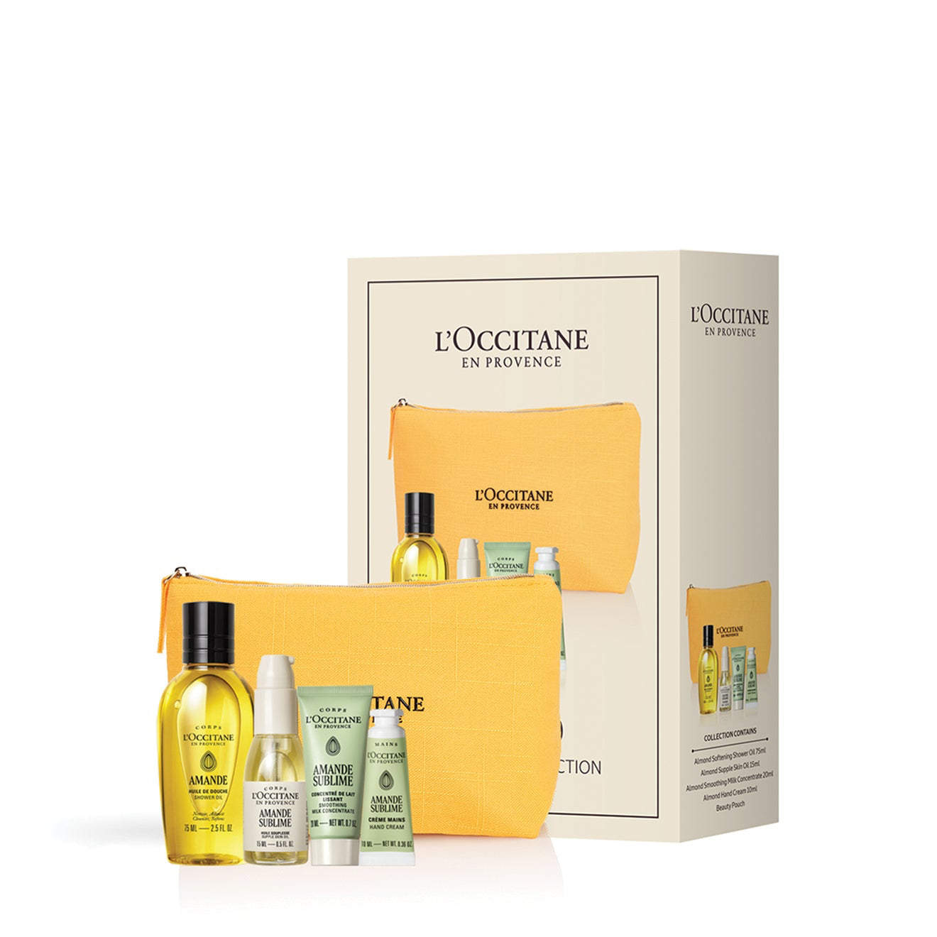 L’Occitane Almond Discovery Collection gift set with almond skincare minis yellow pouch and presentation box for pamper gifts