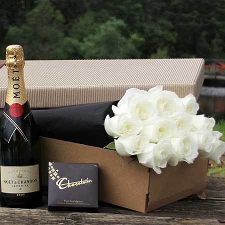 Exquisite White Roses, Sparkling Wine and Chocolate