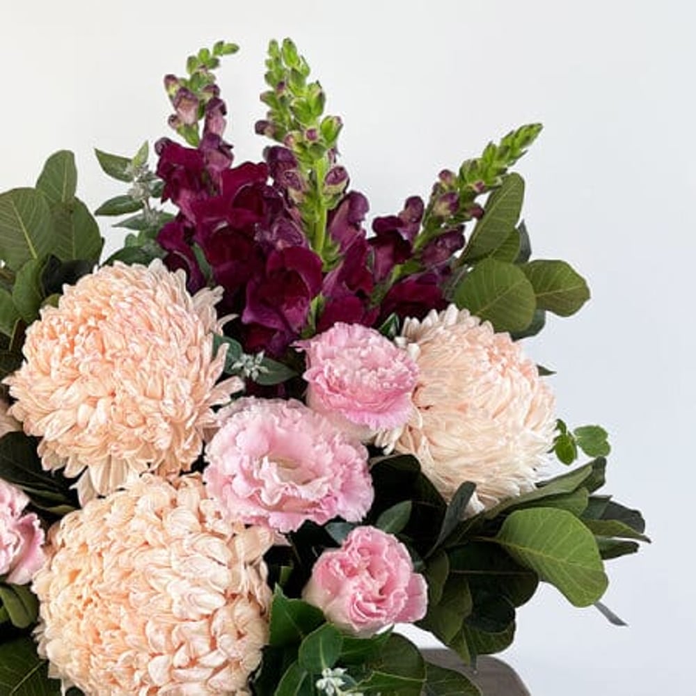 Gentle Mumma flower arrangement with giant pink chrysanthemums
