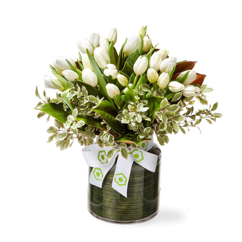 Fresh White and Green Vase Arrangement With Tulips Delivered in Sydney