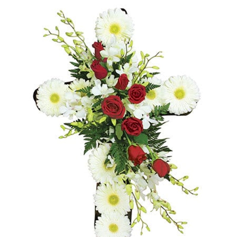 White and Red Funeral Cross by Sydney`s Funeral Florist Experts