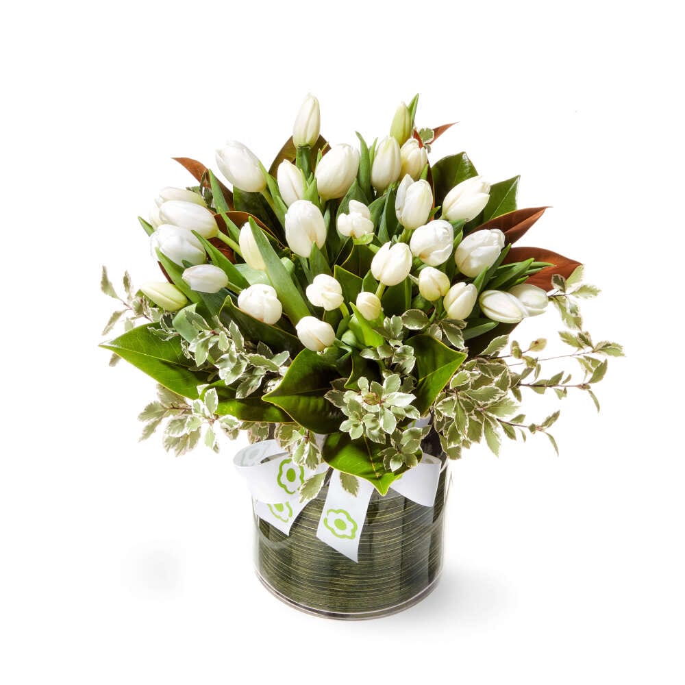 Fresh White and Green Vase Arrangement With Tulips Delivered in Sydney