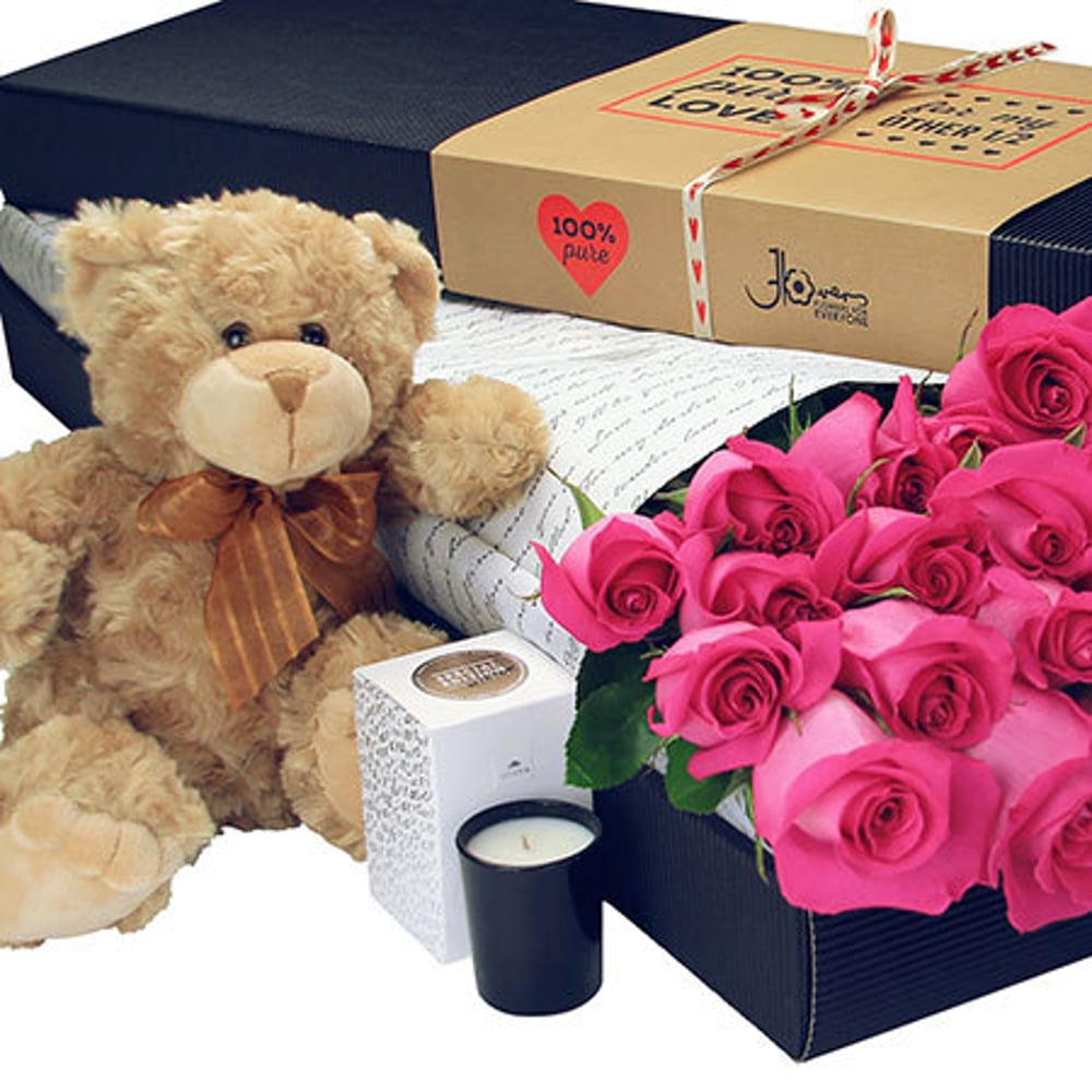 24 Long Stem Pink Roses and Love Bear (Sydney Only)