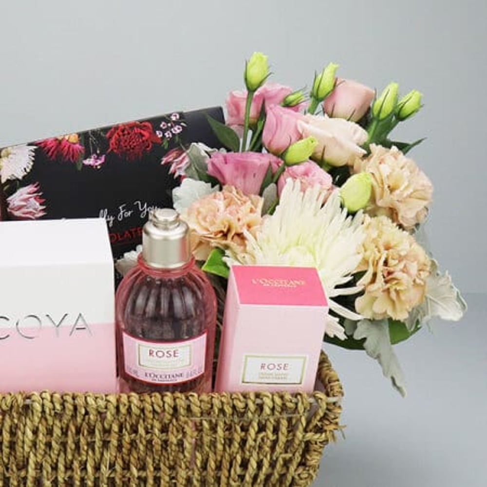 Floral Pamper and Rose Wine Gift Basket