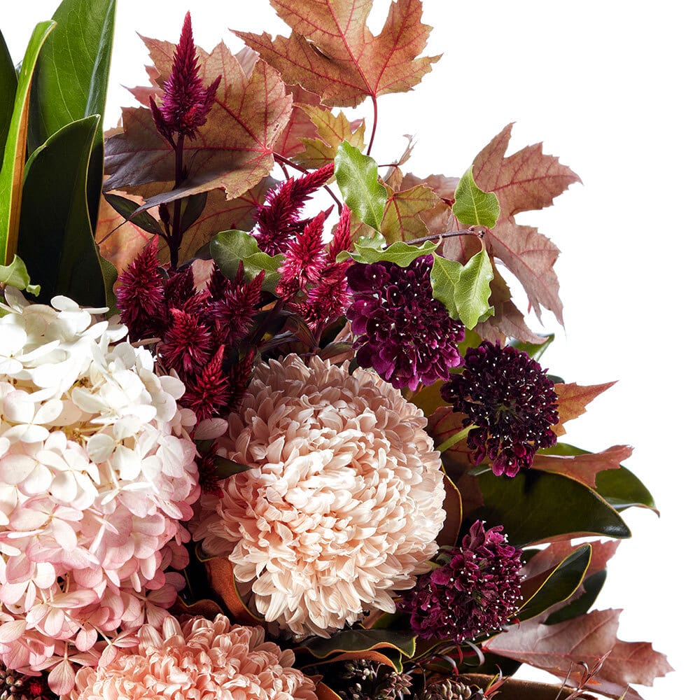 Spice Queen: Stunning Flower Pot with Chrysanthemums, Hydrangea & Maple Leaves