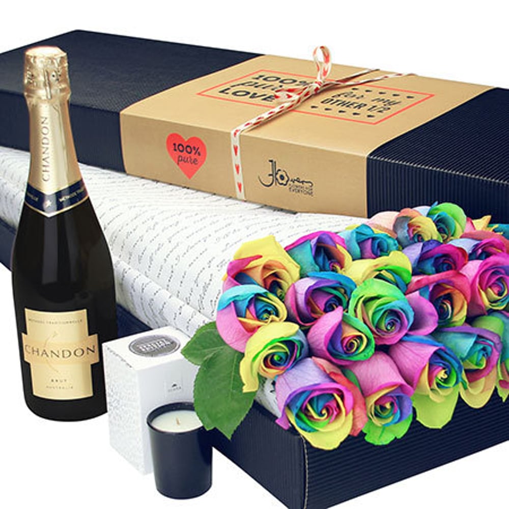 24 Long Stem Rainbow Roses and Bubbly (Sydney Only)