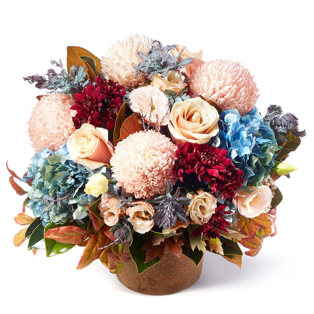 Wind and Fire: Golden Pot with Antique Pink Chrysanthemums, Roses & Blue Hydrangea