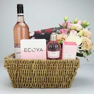 Floral Pamper and Rose Wine Gift Basket