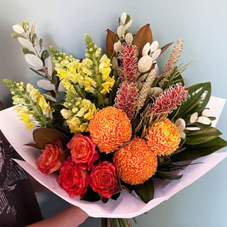 Bright Yellow and Orange Bouquet with Chrysanthemums and Roses