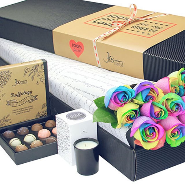 12 Long Stem Rainbow Roses and Chocolate (Sydney Only)