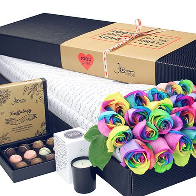 24 Long Stem Rainbow Roses and Chocolate (Sydney Only)