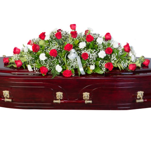 Funeral Casket Flowers - Red & White Roses