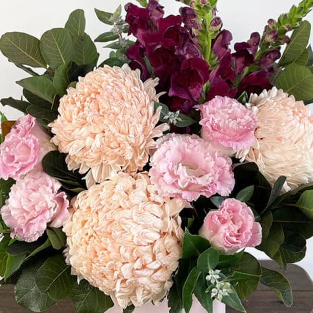 Gentle Mumma flower arrangement with giant pink chrysanthemums