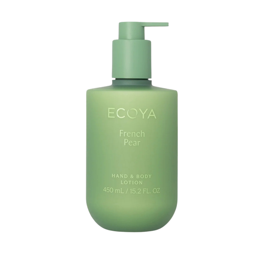 French Pear Body Lotion in a green pump bottle labeled hand and body lotion