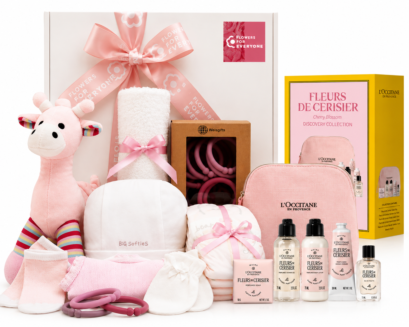 Mum & Baby Girl Gift Hamper with pink baby essentials teddy bear and pamper gifts from New Baby Flowers Hospital Flowers Teddy Bears and Pamper Gifts