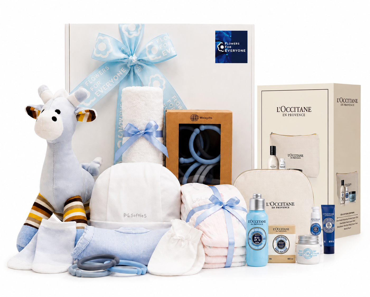 Mum & Baby Gift Hamper - Blue featuring a plush giraffe toy and blue baby essentials with towels and pamper gifts