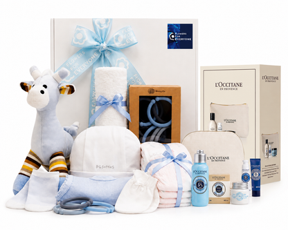 Mum & Baby Gift Hamper - Blue featuring a plush giraffe toy and blue baby essentials with towels and pamper gifts