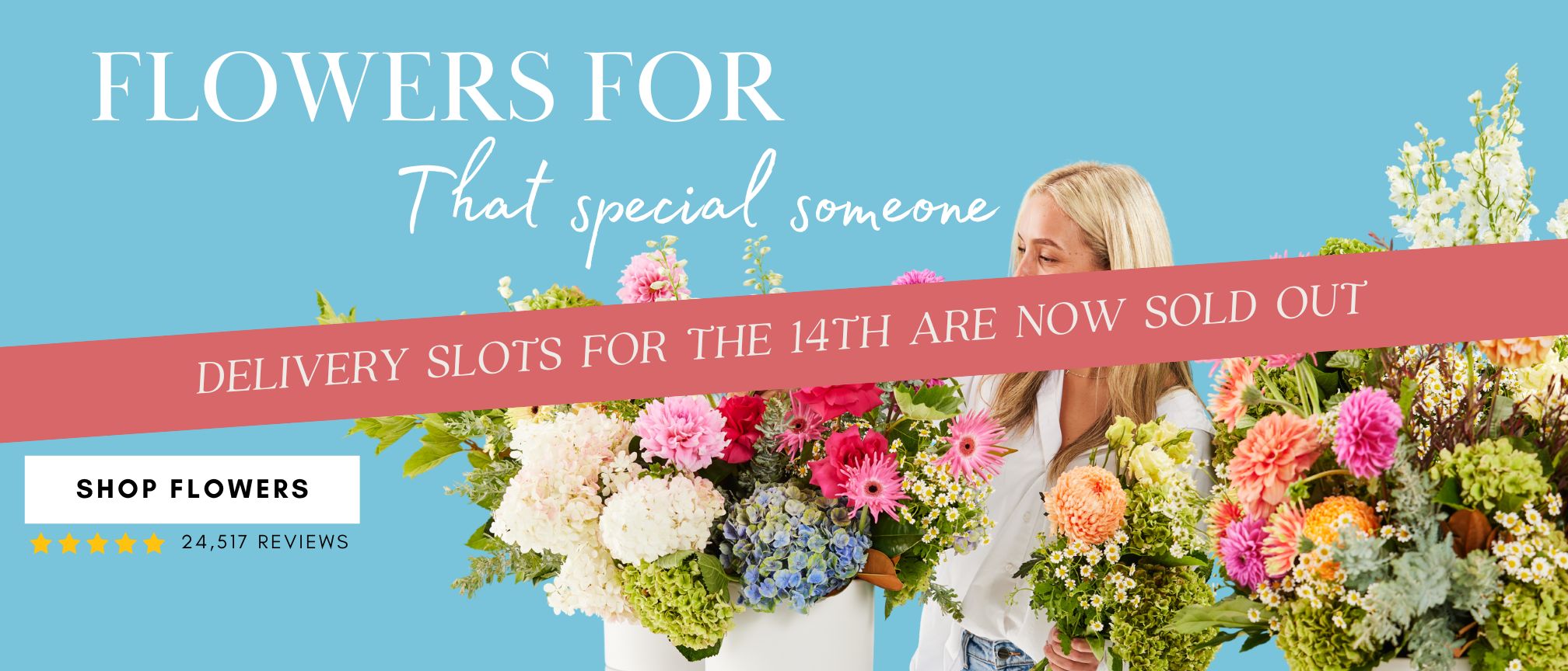 Man holding rose bouquet in Valentine's Day banner