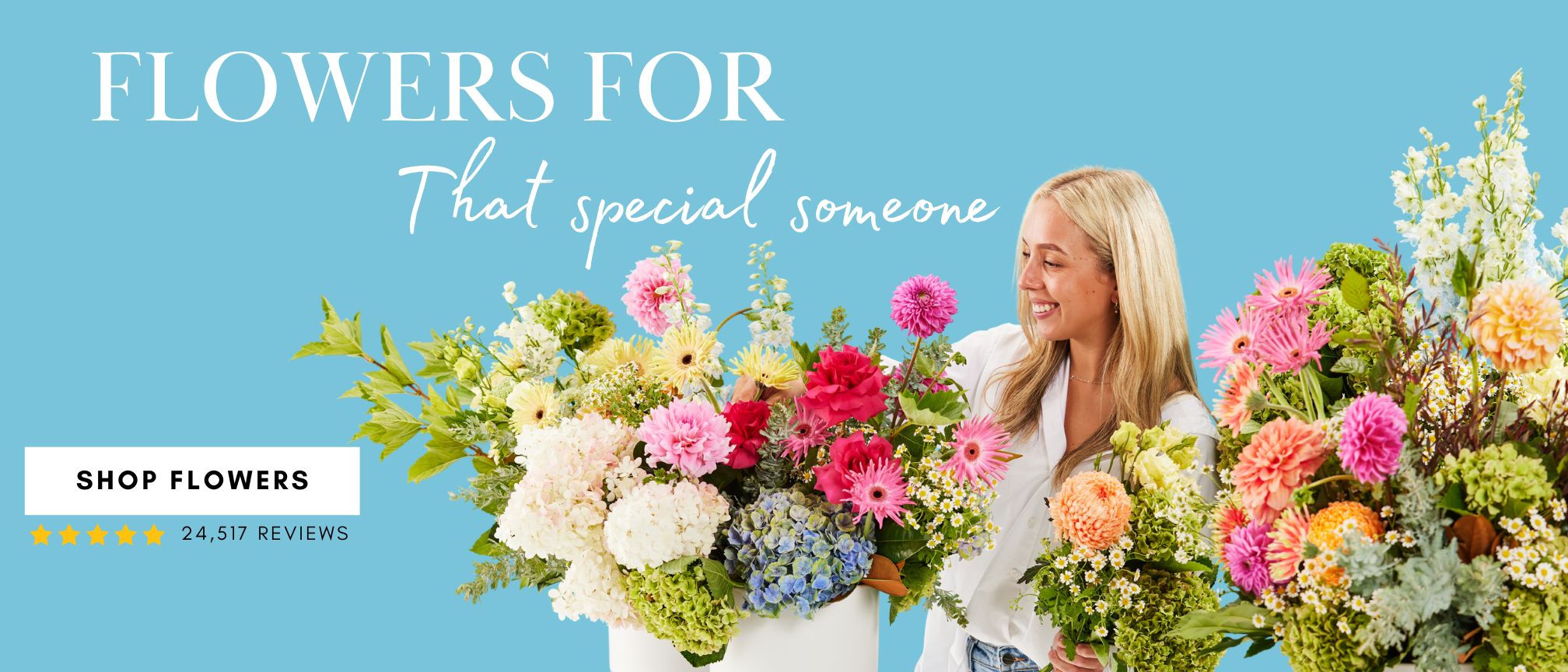 Man holding rose bouquet in Valentine's Day banner