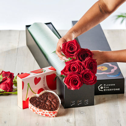 6 red roses with brownie