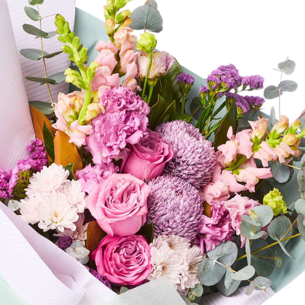 PURPLE PARADISE BOUQUET with pink roses chrysanthemums purple blooms and eucalyptus foliage for birthday flowers and same day delivery flowers