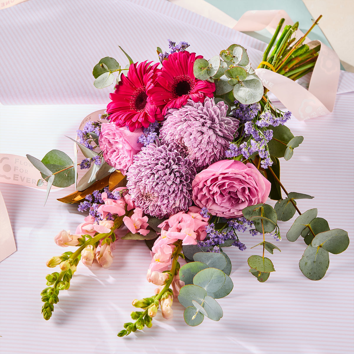 LAVANDER BLISS BOUQUET with pink gerberas chrysanthemums roses purple statice and eucalyptus for birthday flowers graduation flowers and same day delivery flowers