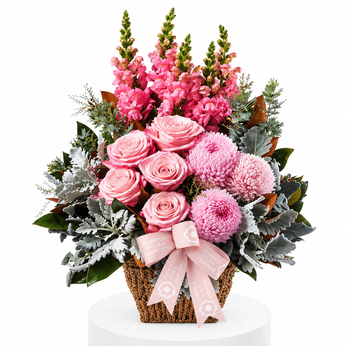 Precious Pink Basket filled with pink roses chrysanthemums snapdragons and textured foliage for birthdays thank you gifts or same day flower delivery