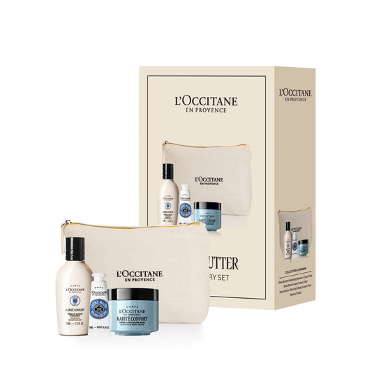 L'occitane Shea Butter Gift Set with nourishing skincare products, a cosmetic pouch, and elegant gift packaging for a thoughtful pamper gift