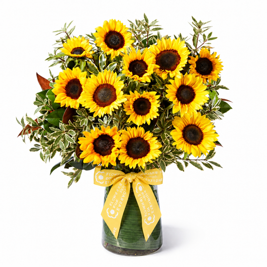 Classic Sunflower Vase filled with bright yellow sunflowers and leafy greenery in a glass vase for birthdays anniversaries and same-day flower delivery