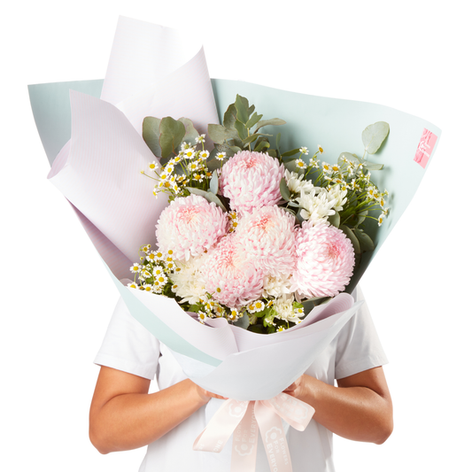 Pretty in Blush Bouquet with soft pink chrysanthemums white flowers and delicate greenery wrapped in pastel paper for a special occasion gift