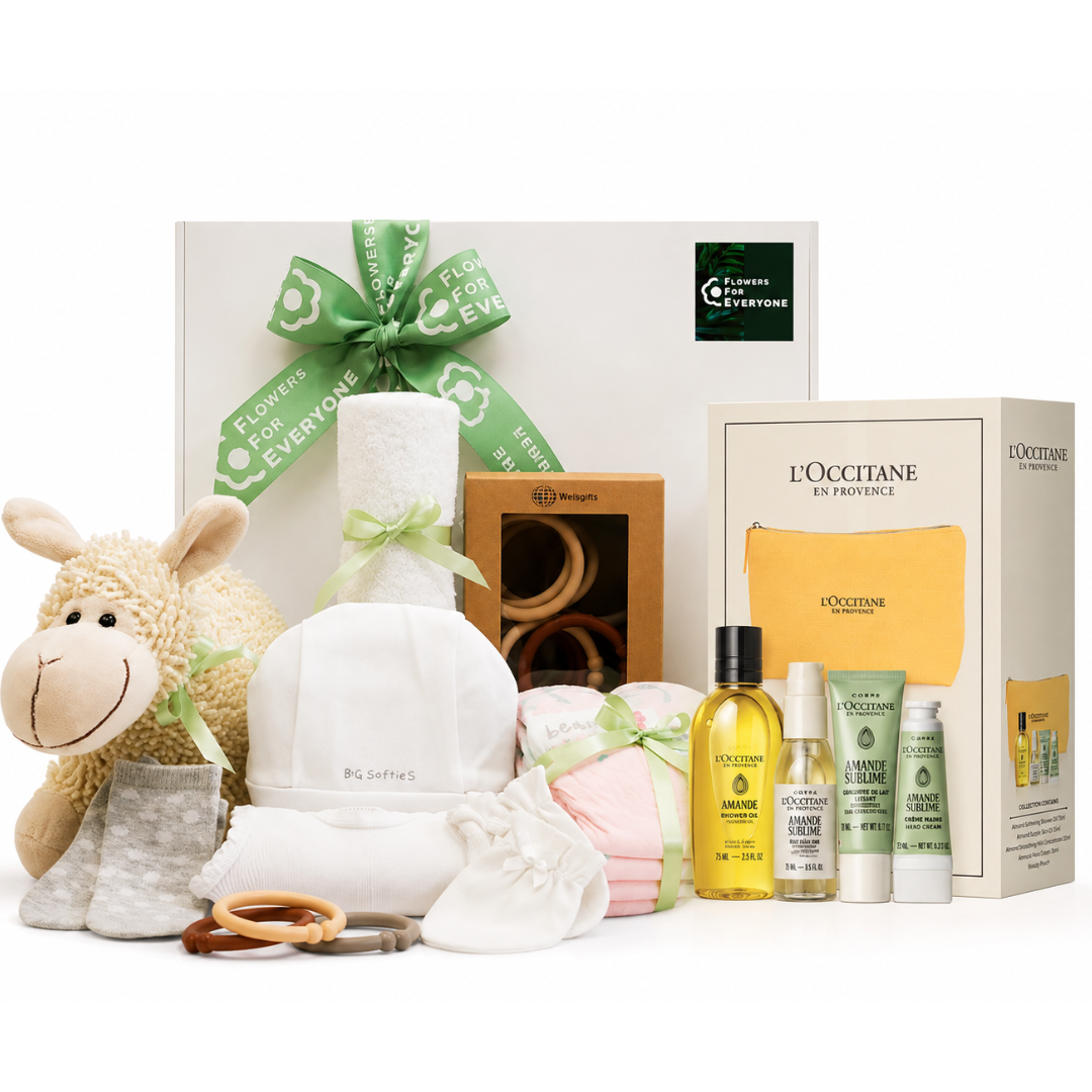 Mum & Baby Gift Hamper with plush lamb toy baby clothes teething rings nappies and L'Occitane pamper products for a new baby gift