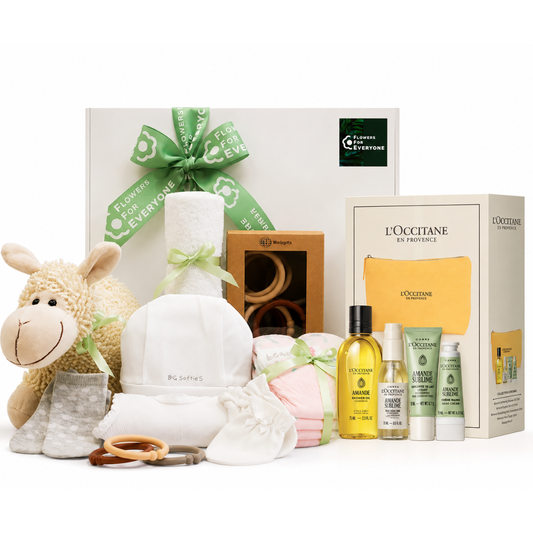 Mum & Baby Gift Hamper with plush lamb toy baby clothes teething rings nappies and L'Occitane pamper products for a new baby gift