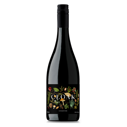 Cloak & Dagger Sangiovese Red Wine bottle with black label and floral artwork, a stylish gift from the Wine and All gifts collections