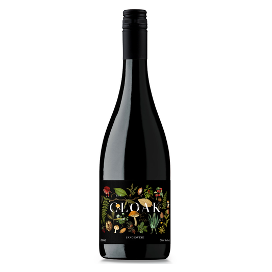 Cloak & Dagger Sangiovese Red Wine bottle with black label and floral artwork, a stylish gift from the Wine and All gifts collections