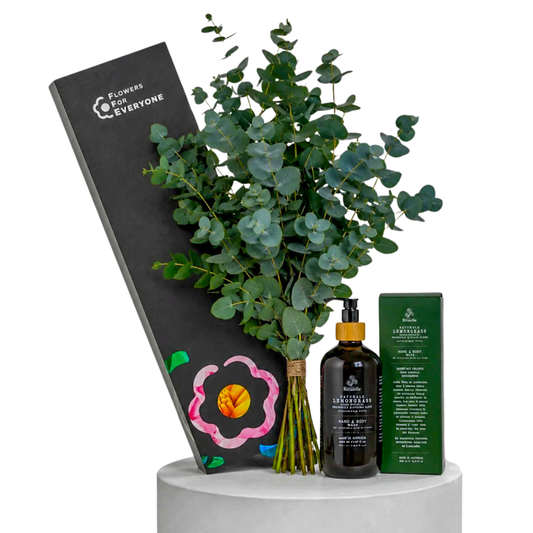 The Wellness Ritual with fresh eucalyptus stems and body care gifts for pamper gifting and same-day flower delivery