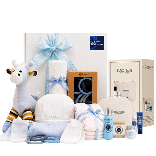 Mum & Baby Boy Gift Hamper with blue baby clothes cuddly toy skincare gifts and keepsakes for new baby and hospital gifting