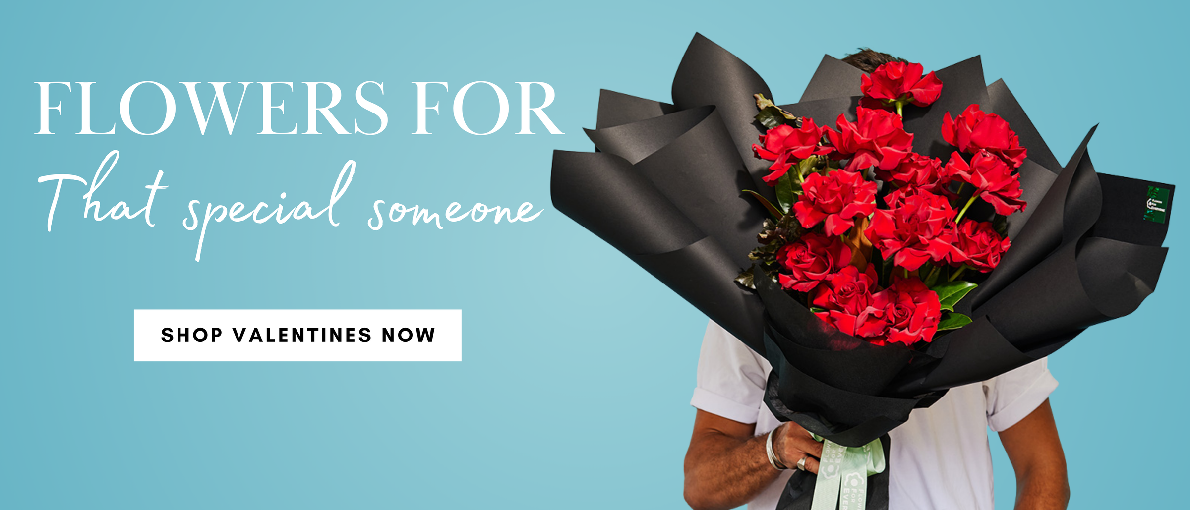 Man holding rose bouquet in Valentine's Day banner