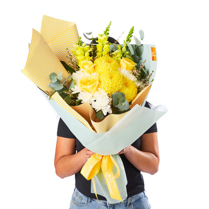 SUMMER LEMONADE BOUQUET with yellow roses chrysanthemums white blooms and eucalyptus for birthday flowers and same day delivery flowers