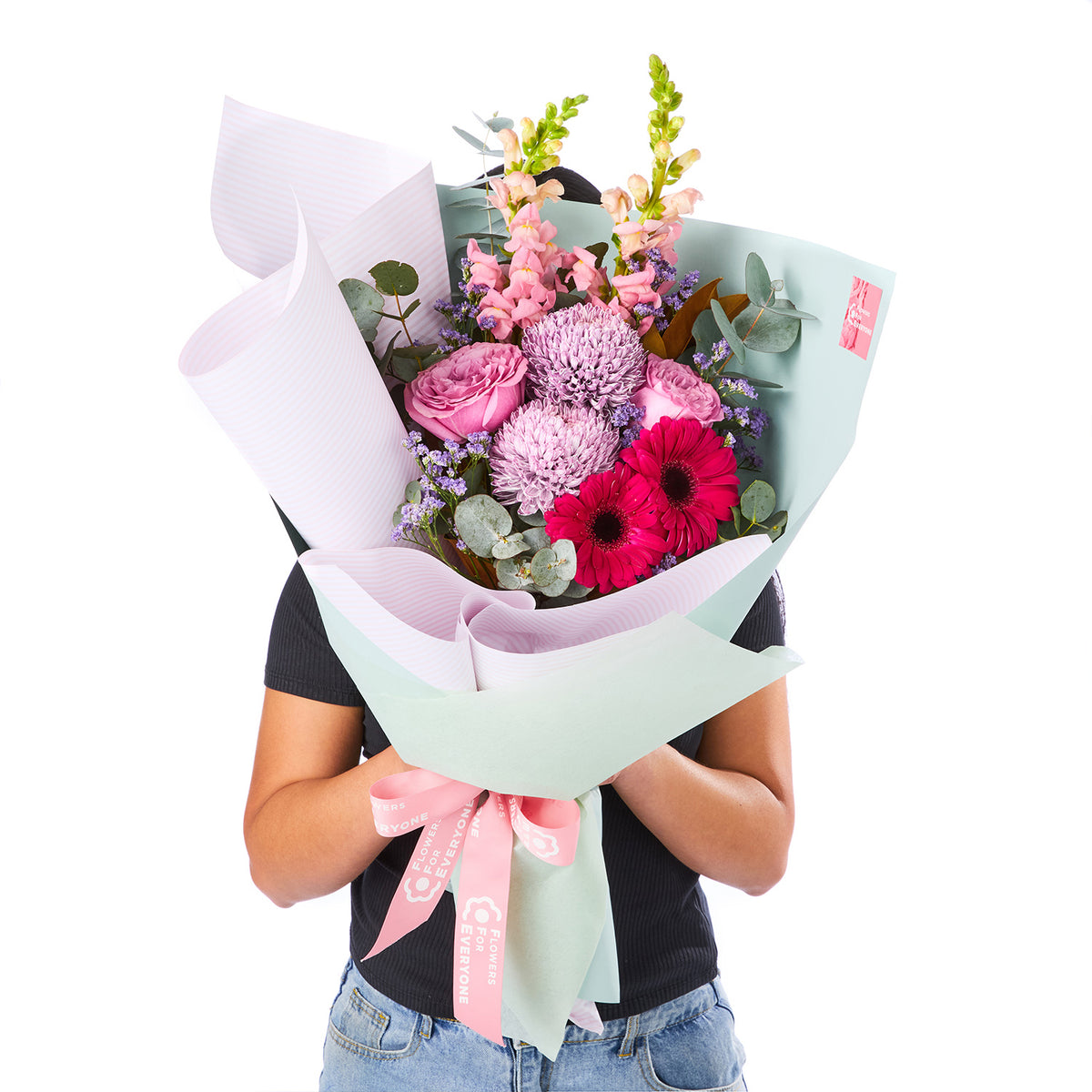 LAVANDER BLISS BOUQUET featuring pink chrysanthemums red gerbera pink roses snapdragons and eucalyptus for birthday flowers graduation flowers and same day delivery flowers