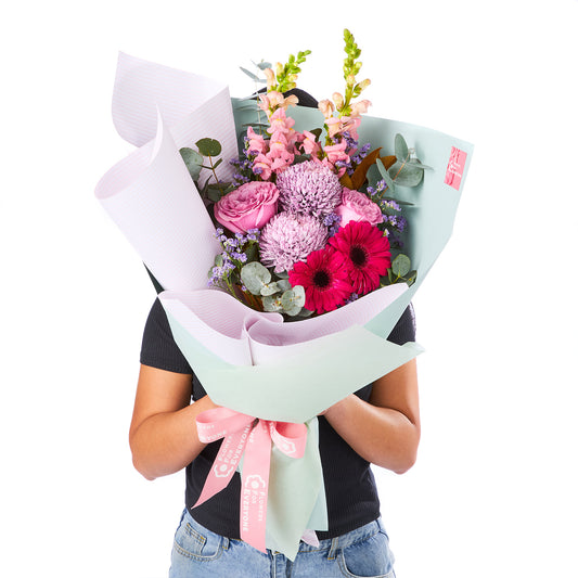 LAVANDER BLISS BOUQUET featuring pink chrysanthemums red gerbera pink roses snapdragons and eucalyptus for birthday flowers graduation flowers and same day delivery flowers