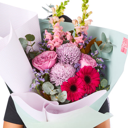LAVANDER BLISS BOUQUET with pink roses chrysanthemums red gerberas snapdragons purple filler and eucalyptus for birthday graduation and same day delivery flowers