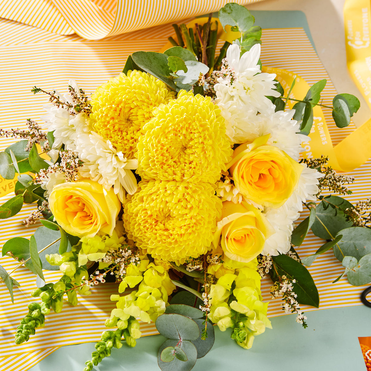 SUMMER LEMONADE BOUQUET with yellow roses golden chrysanthemums white blooms eucalyptus and greenery for birthday flowers and same day delivery flowers