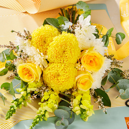 SUMMER LEMONADE BOUQUET with yellow roses golden chrysanthemums white blooms eucalyptus and greenery for birthday flowers and same day delivery flowers