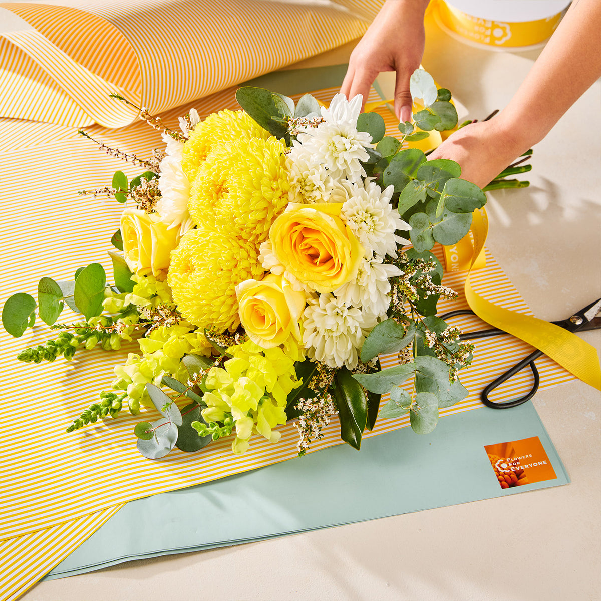 SUMMER LEMONADE BOUQUET with yellow roses white chrysanthemums green foliage and eucalyptus for birthday graduation and same day delivery flowers