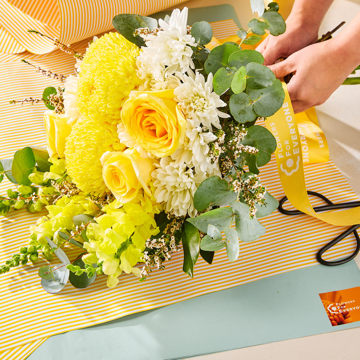 SUMMER LEMONADE BOUQUET with yellow roses chrysanthemums white blooms and eucalyptus for birthday flowers graduation flowers and same-day delivery flowers