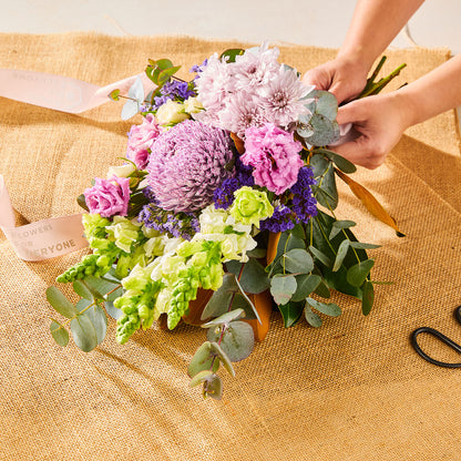 SWEET PURPLE POSY bouquet with pink and purple chrysanthemums green flowers eucalyptus and purple filler for birthday flowers and same day delivery flowers