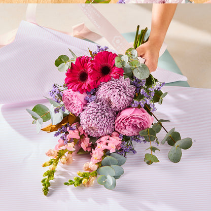 LAVANDER BLISS BOUQUET with pink gerberas chrysanthemums roses purple filler and eucalyptus for birthday flowers graduation flowers and same-day delivery flowers