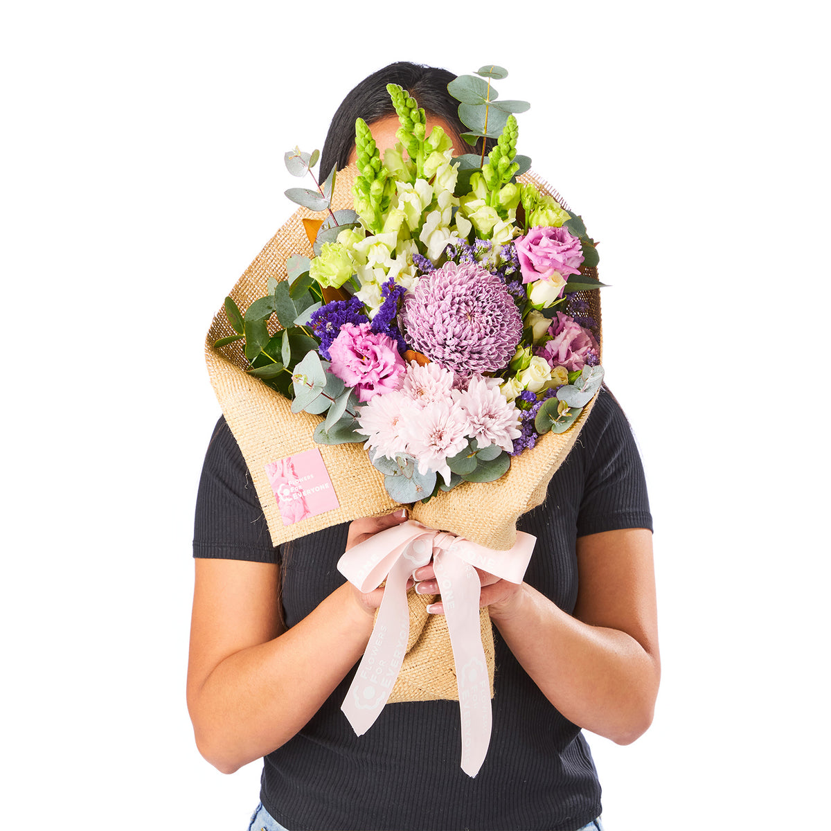 SWEET PURPLE POSY bouquet with purple chrysanthemum pink roses white blooms green snapdragons and eucalyptus for birthday flowers and same day delivery