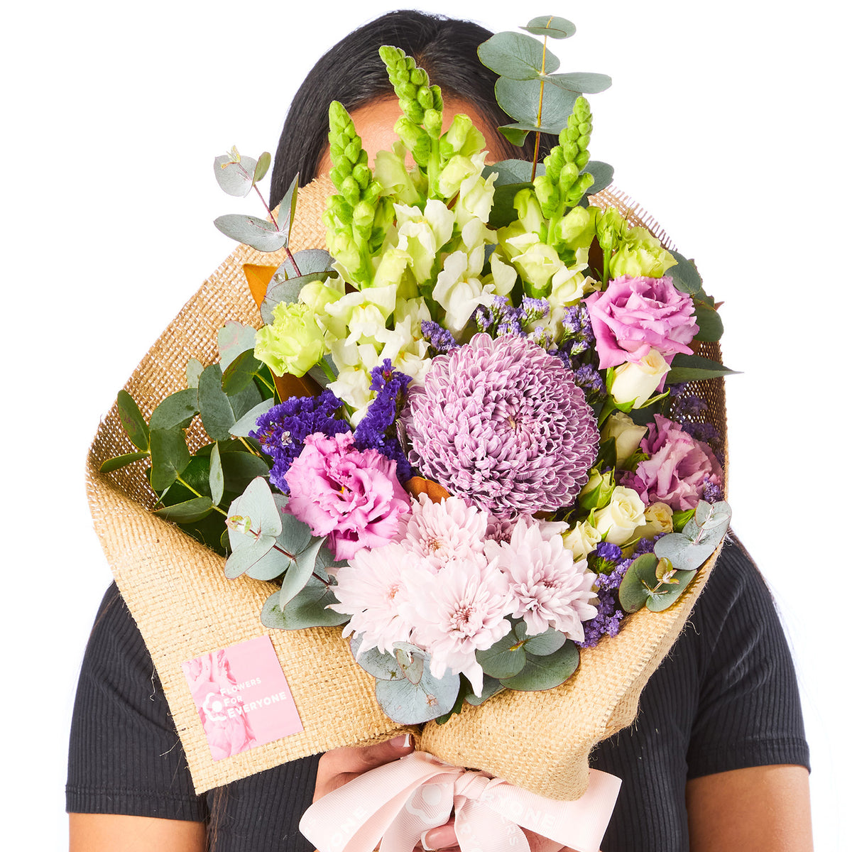 SWEET PURPLE POSY bouquet with purple pink and white chrysanthemums green snapdragons and eucalyptus for birthday flowers and same day delivery flowers