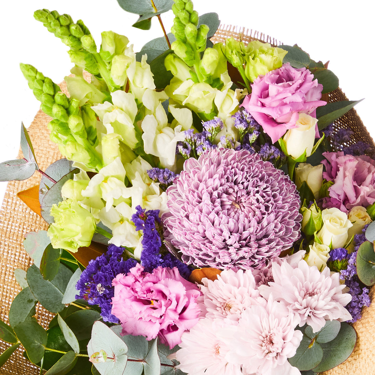 SWEET PURPLE POSY bouquet with pink roses purple chrysanthemums white snapdragons purple statice and eucalyptus for birthday flowers and same day delivery flowers